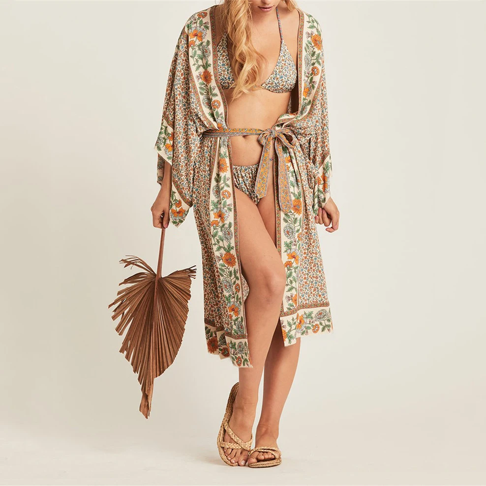 

Boho Beach Summer Holiday Floral Womens Tops and Blouses Elegenat long Sleeve kimono cardigan Femme Loose kaftan Beachwear