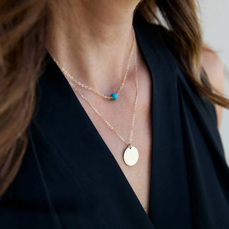 

Layered Coins Necklace Handmade Natural T-urquoise Choker Custom 14 Gold Filled 16mm Pendants Collier Femme Kolye Jewelry