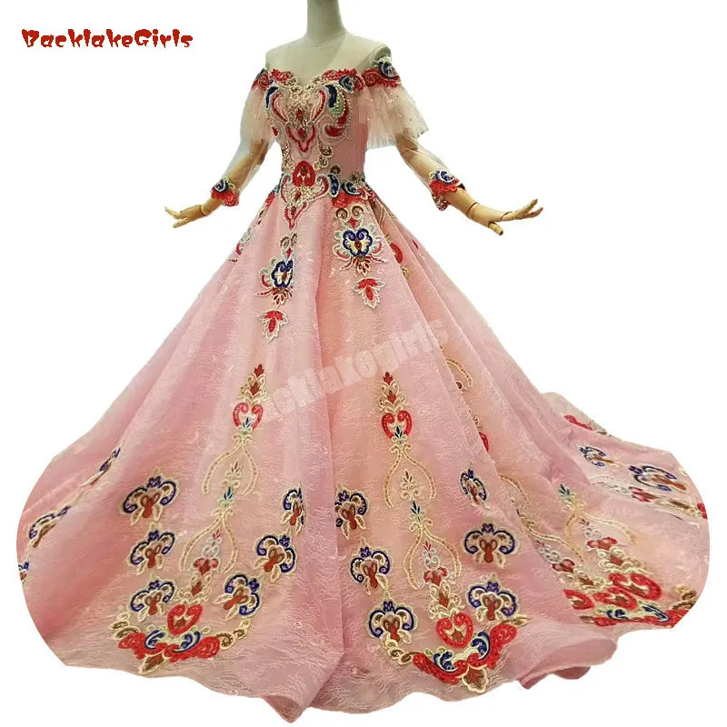

2018 Pink Lace Three Quarter Sleeves Strapless Evening Dress Court Train Ball Gown Off The Shoulder Illusion Party Prom Dresses
