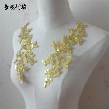 

50pairs 8.5X25cm Gold Delicate Sequins Wedding Veil Head Ornaments Lace Applique Lace Trim Dress DIY Lace Accessories BD0242
