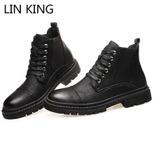 LIN KING/однотонные мужские ботинки в байкерском стиле на среднем каблуке; ботинки из искусственной кожи; дышащие полуботинки с высоким берцем на шнуровке; повседневные ботинки; Botas Mujer