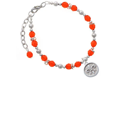 Silvertone Fleur di Lis - Round Seal Orange Beaded Bracelet