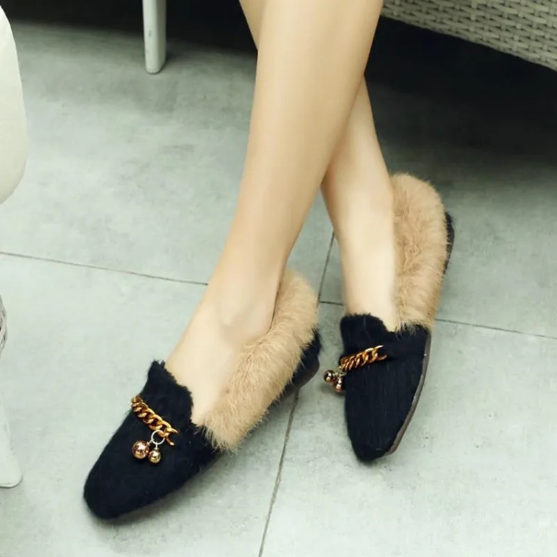 Fourrure Slip La Nouveau Chaussures Mode Carré Troupeau Ballerines 2018 kaki Mocassins À Taille marron Cosmagic Chaînes Femmes L'intérieur Métal Plus Noir Casual Bateau Sur Bout Pdw7qUzx