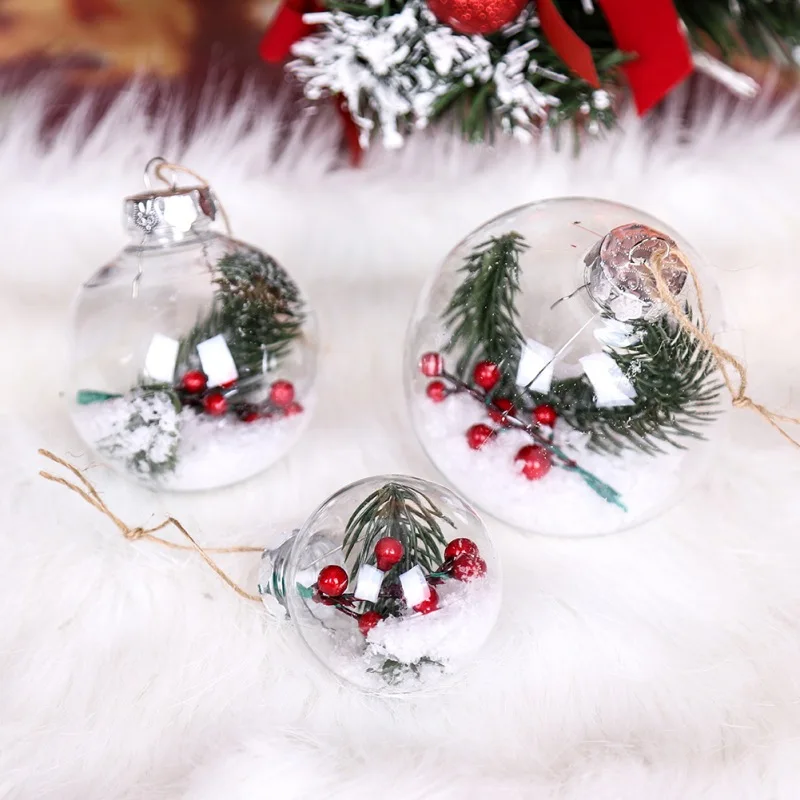 Многоразовый прозрачный пластиковый Рождественский шар украшения предварительно Украшенные маленькие ягоды и сосновые игольчатые полосы висящий Рождественский шар
