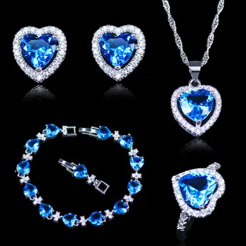 

New Arrival Christmas Gift For Women Sky Blue Crystal White Zircon Silver Color Jewelry Sets Heart Bracelets Sets