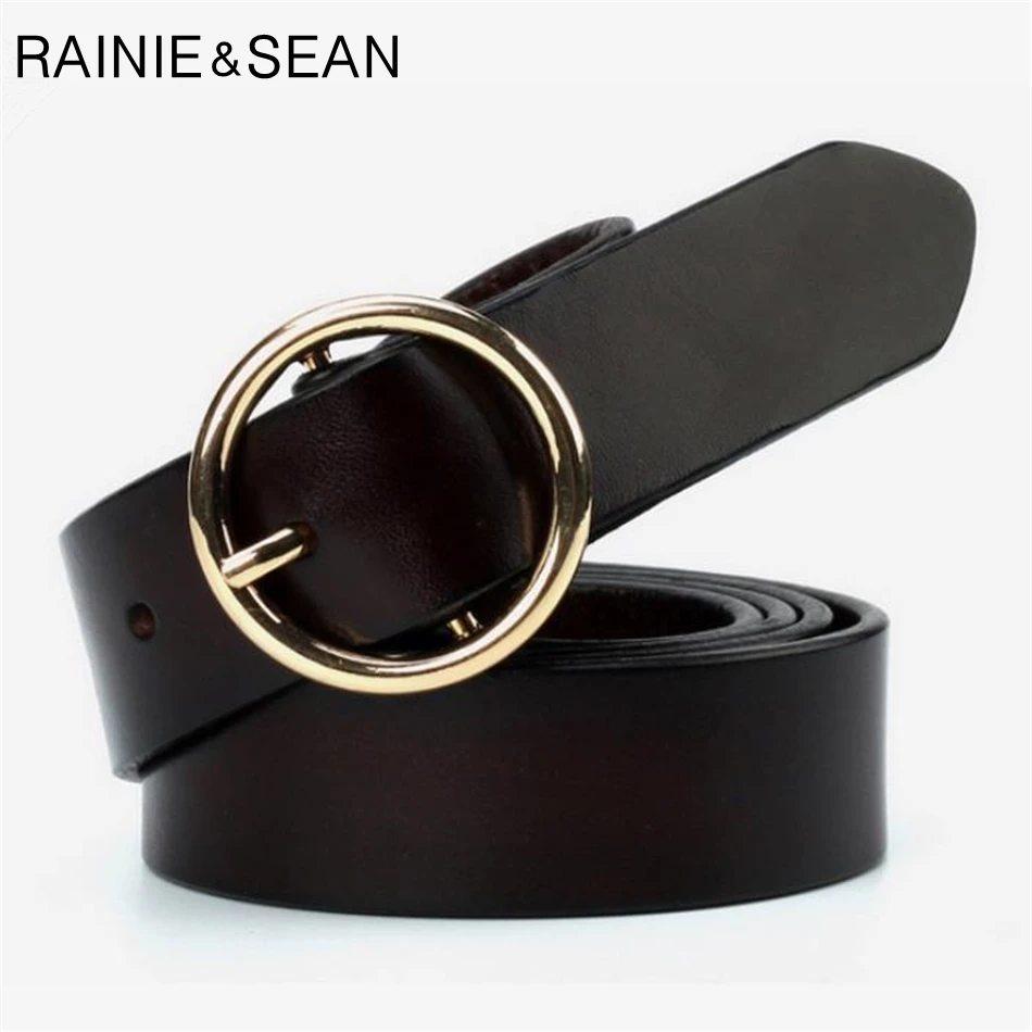 

RAINIE SEAN Black Leather Belts For Women Genuine Cowskin Ladies Waist Belt Circle Buckle Fashioin Casual Female Belts 105cm