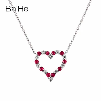 شراءBAIHE الصلبة 18K الذهب الأبيض 0.28ct الجولة المطاط الطبيعي الزفاف النساء العصرية رومانسية على شكل قلب روبي الماس هدية القلائد