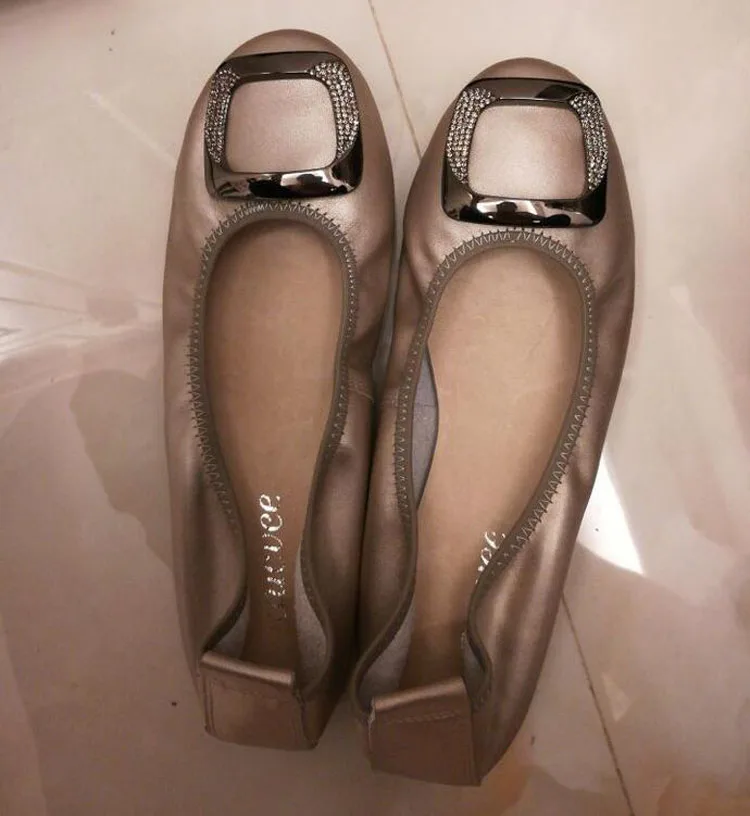 Ballet Flats Women Genuine Leather Loafers Round Toe Slip-on Flat Handmade Rhinestone Metal Decoration Balerinas Shoes for Woman (36)