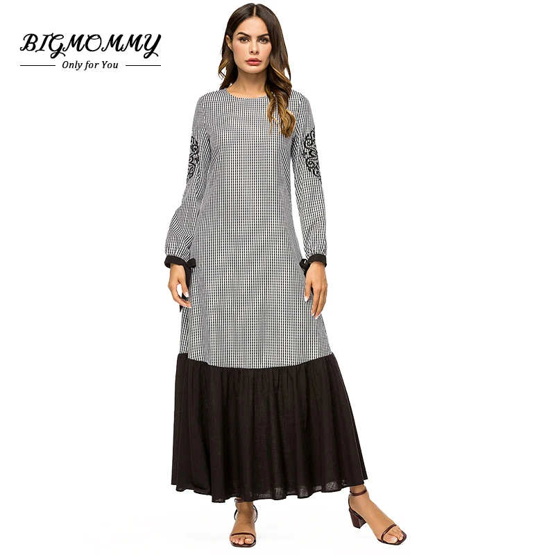 Women Vintage Lace Patchwork Party Dress Fashion O-Neck Plaid Embroidery Muslim A-Line Long Sleeve Maxi Plus Size | Женская одежда