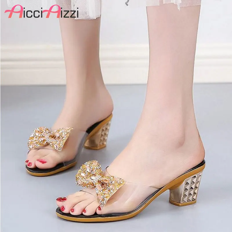 

AicciAizzi Women Sandals Fashion Bowtie Stripe Slippers New Summer High Heels Sandals Beach Party Shoes Womensize 35-39