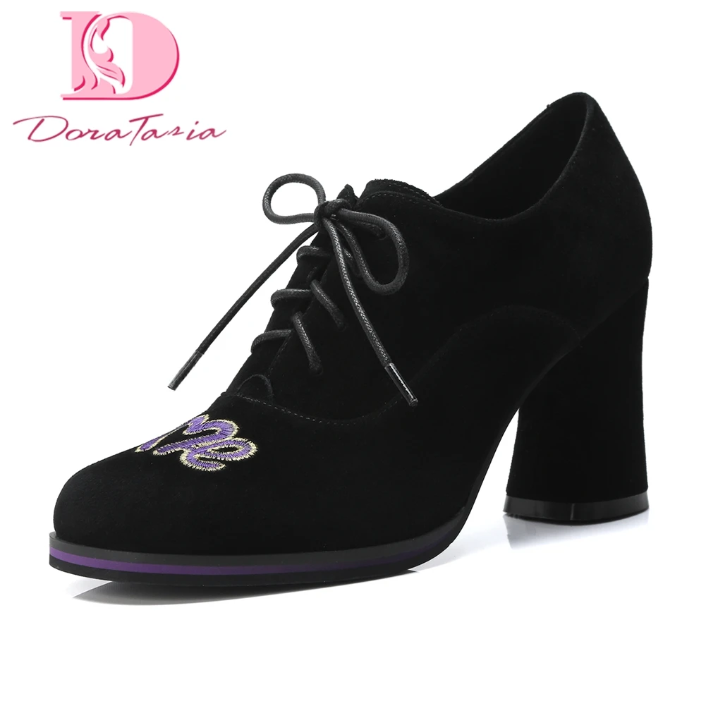 

DoraTasia Brand new fashion Kid Suede leather Fashion Pumps Woman Shoes Square Heels Lace Up School Shoes Woman Pumps