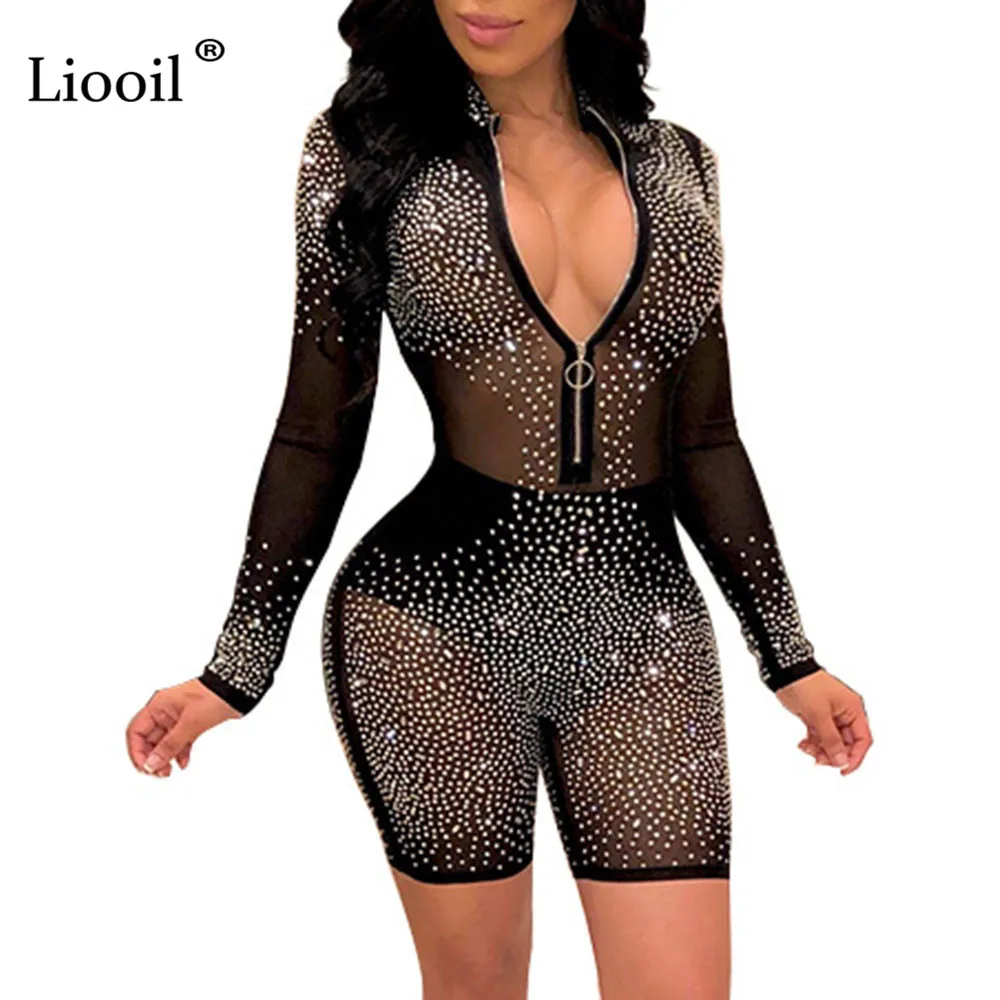 

Liooil Sexy Clubwear Playsuits and jumpsuits 2019 Diamond See Through Black Mesh V Neck Bodycon Rompers Womens Jumpsuit Shorts