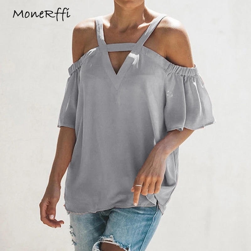 

MoneRffi Short Sleeve Chiffon Blouse For Women Summer Sexy Off Shoulder Loose Shirts Casual Tops Ladies Elegant roupa feminina