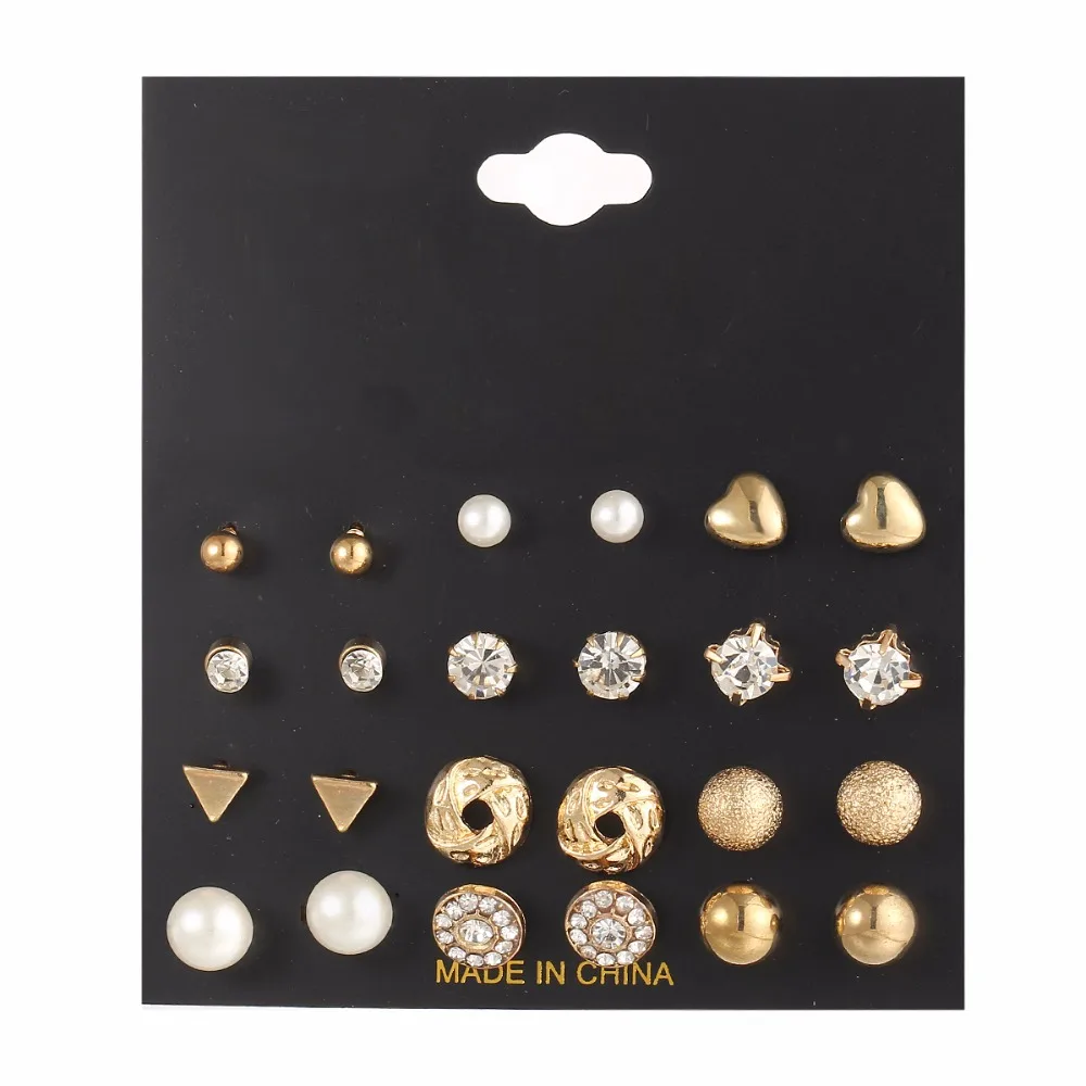 

12 pair/set Trendy Style Women Square Crystal Heart Stud Earrings for Women Girl Piercing Simulated Pearl Flower Earring Lot