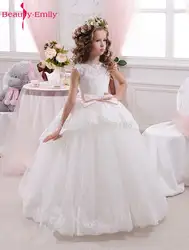 Платья с цветочным узором для девочек белого цвета и цвета слоновой кости, бальное платье с розовым поясом и бантом, кружевные свадебные