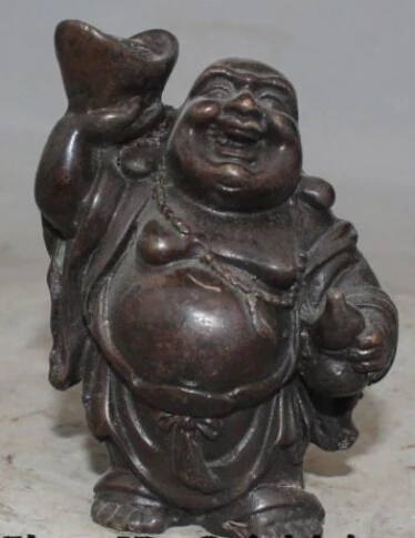 

RHS0039 10CM Chinese Buddhism Bronze FengShui Wealth Maitreya Buddha Hold YuanBao Statue