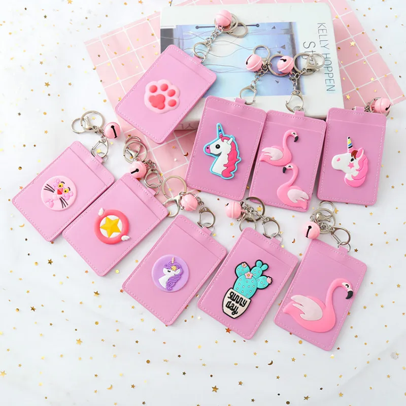 

Pink Unicorn ID Card Holder Women Credit Card Protector with Bell Keychain Student Cartoon Badge Identity Cards Case Cardholder