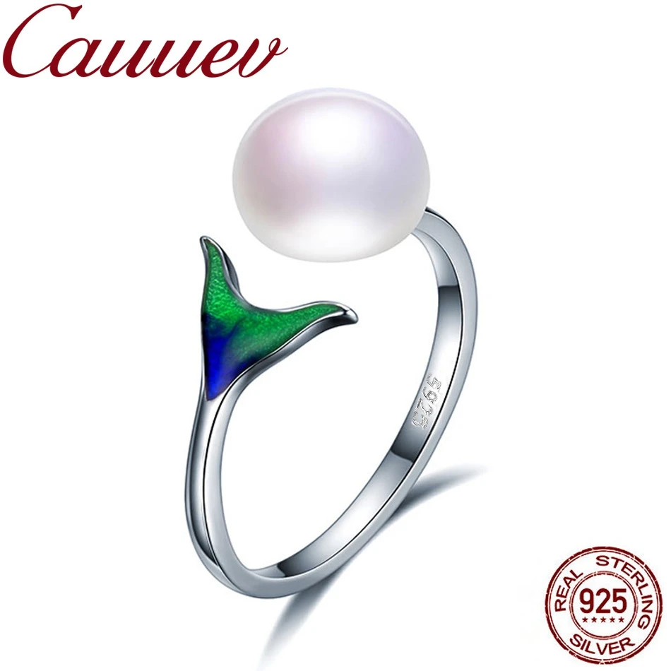 

Cauuev Natural Freshwater Pearl 925 Sterling Silver Female Mermaid Tail Adjustable Finger Rings for Women Wedding Jewelry S925