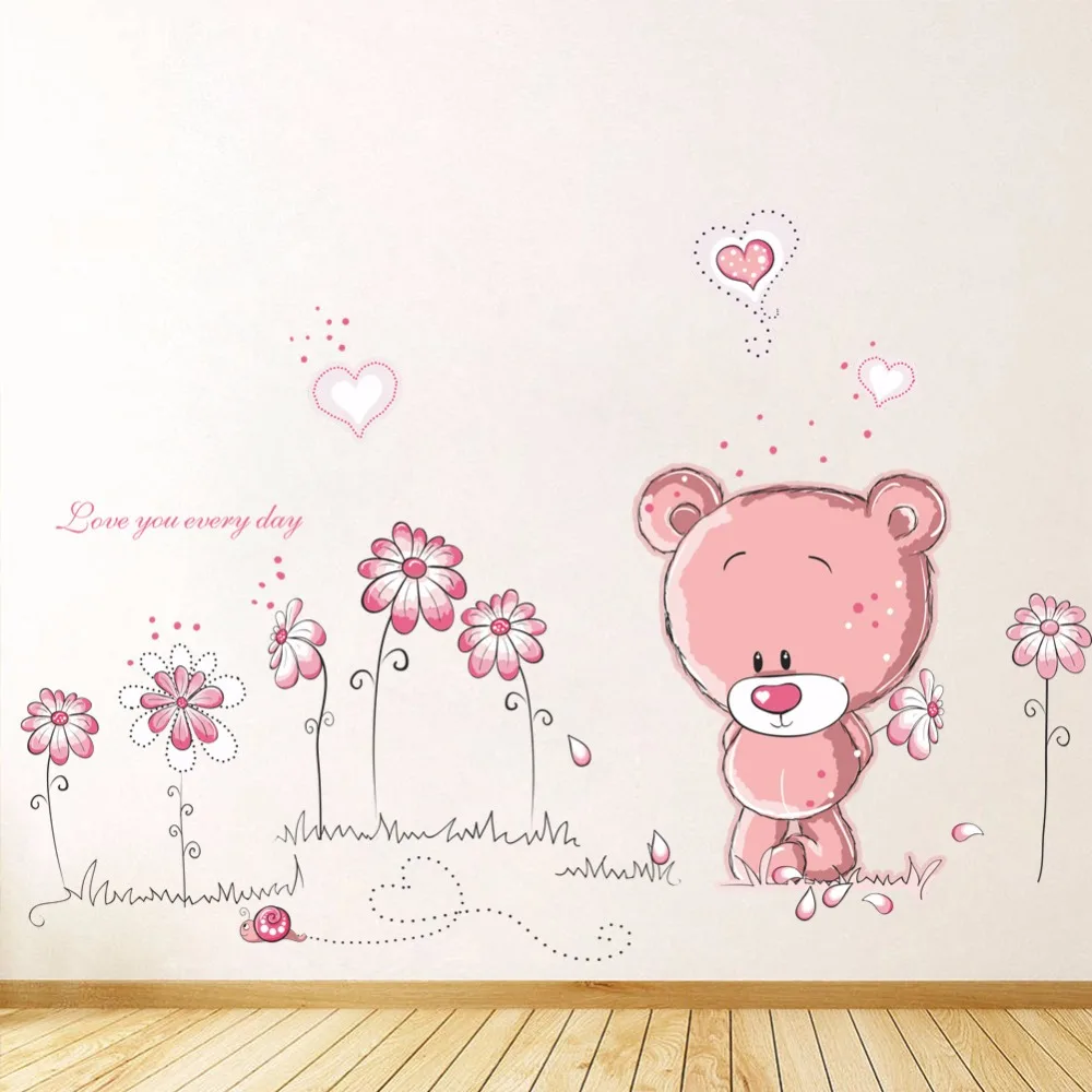 Мультфильм милый розовый lanimal медведь цветок Детские дети спальня комната Декор наклейки на стену Дети Детская Наклейка подарок для девочки