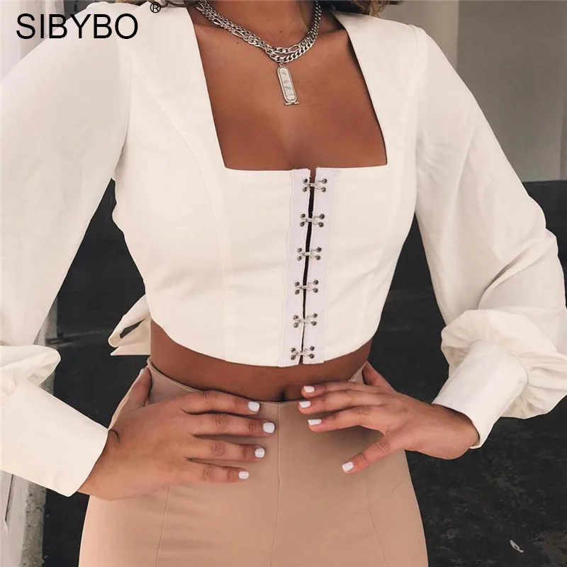 Sibybo, открытая спина, рукав-фонарик, короткая футболка для женщин, квадратный воротник, длинный рукав, летний укороченный Топ для женщин, галстук-бабочка, сексуальная женская футболка - Цвет: Белый