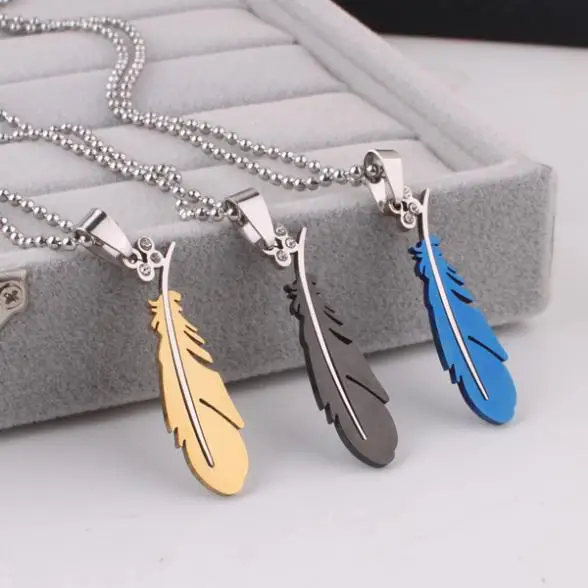 

free shipping Blue gold black feather pendant necklaces bead chain men 316L Stainless Steel necklace wholesale
