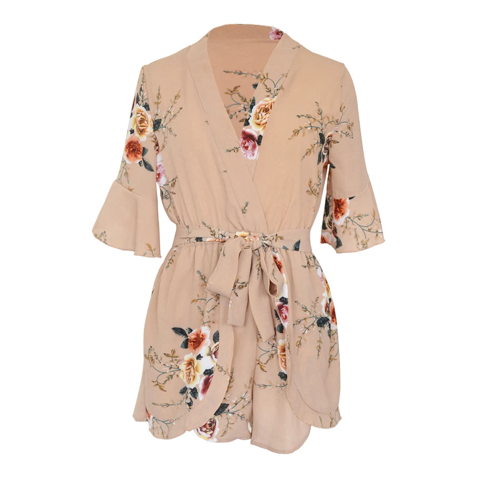 Wholesale Custom Floral Short Sleeve Sexy V Neck Summer Beach Fashion Jumpsuit Women Wholesale Custom Floral Short Sleeve Sexy V Neck Summer Beach Fashion Jumpsuit Women