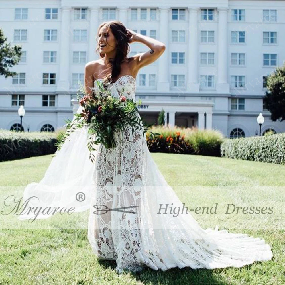 Mryarce Unique Wedding Dress 2019 Luxury Crochet Lace A Line Beau Gown A Line Boho Chic Bridal Gown Bell Sleeves  (1)