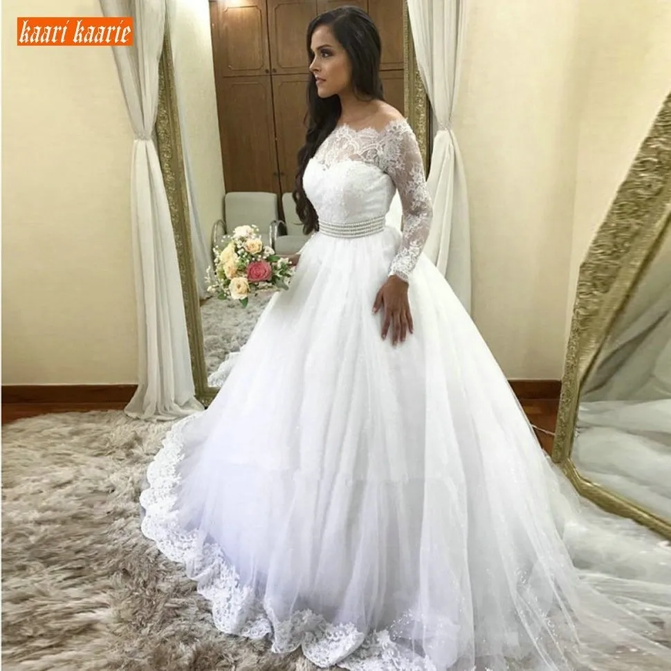 

Luxury White Ball Gown Wedding Dress Long Sleeve Off Shoulder 2019 Tulle Lace Appliques Bride Dresses Sweep Train Wedding Gowns