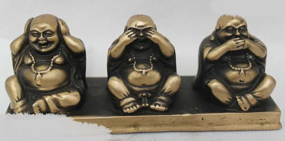 

DS DS 3"Chinese Folk Brass Wealth Seat Happy Laugh Three Maitreya Buddha Statue