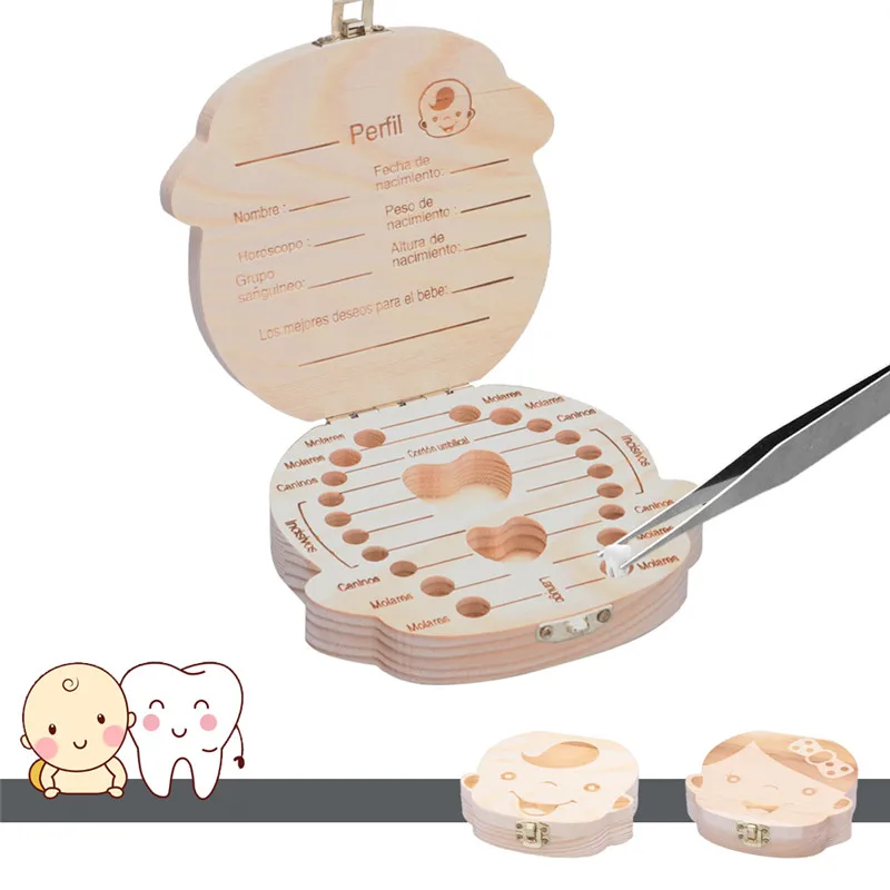 

ABEDOE Spanish Language Baby Milk Teeth Wooden Storage Case Save Box Hair Holder Tooth Organizer Gift for Girls Boys