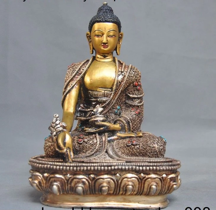 

8"Tibet silver Filigree 24k gold Gilt Inlay turquoise gem Medicine Buddha statue