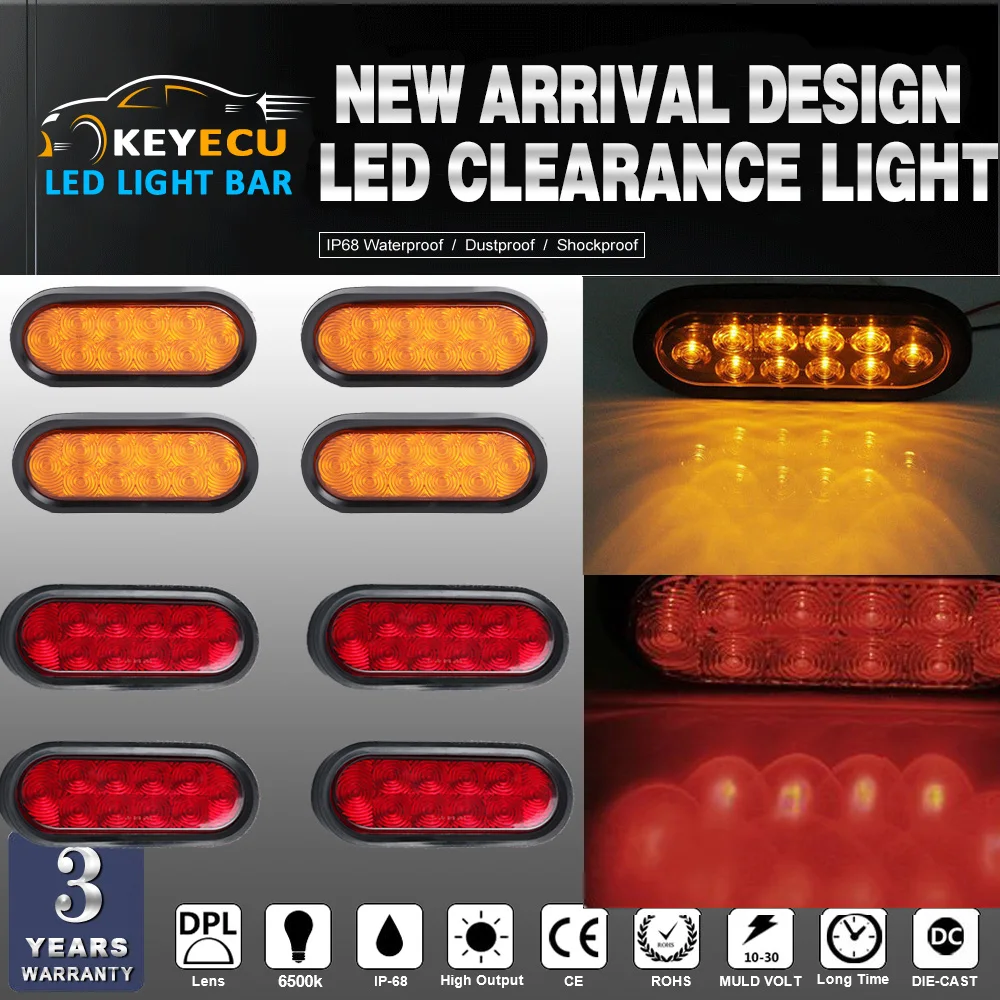 

KEYECU 4amber+4red 10LED 6"Oval Truck Trailer Stop Turn Brake Light Sealed Flange Mount FOR Trucks,trailers,tractors,Dump Truck