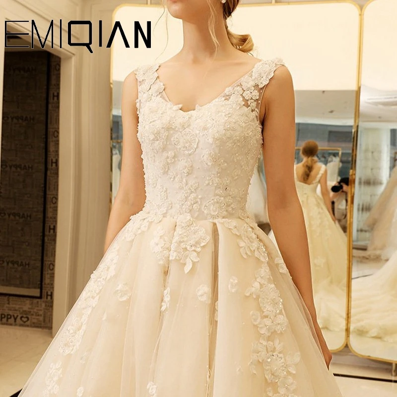 Beaded Tulle Lace Ball Gown Chapel Train Wedding Dress