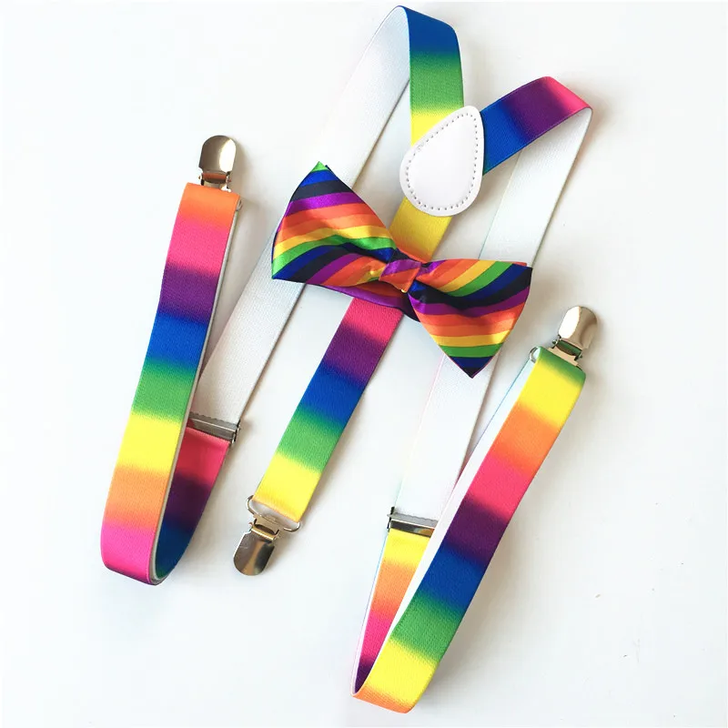 

2.5cm Mens/Womens Print Rainbow Suspenders Bowtie Set Jeans Pants Trouser Clip-on Braces Elastic Adult Leisure Straps CBZ004