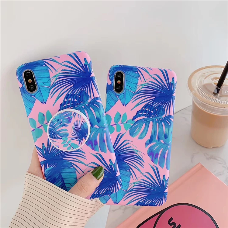 

Fashion Pink Forest Leaves Phone Case For iphone XS Max Case For iphone XR X 6 7 8 Plus Soft IMD Cover Cases With the Fold Ring