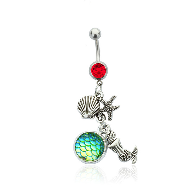 Body Piercing Jewelry with Silver Color Red Crystal Rainbow Scales Mermaid  Shaped Dangle Belly Button Ring for Unisex