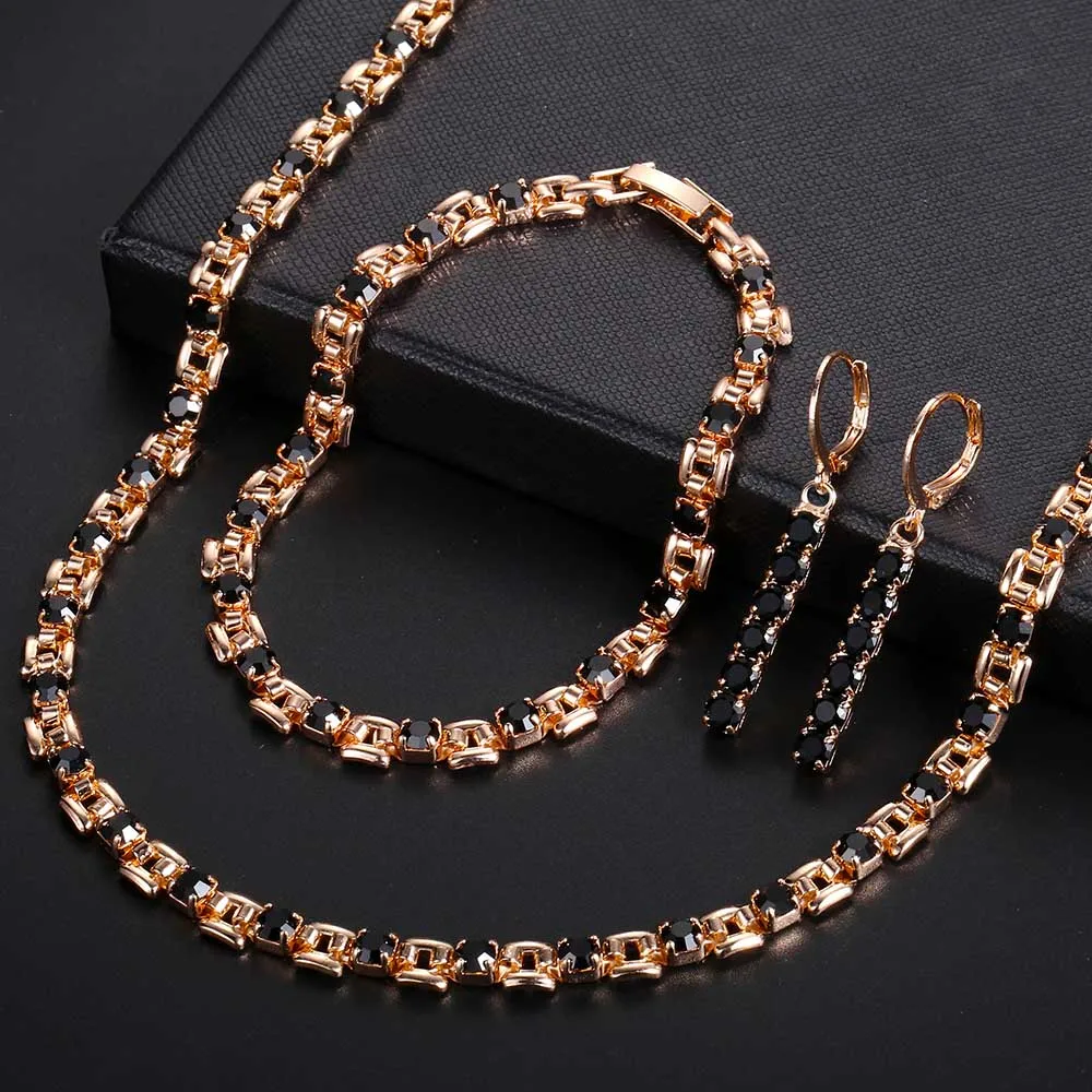 

Womens Jewelry Set Black Red Clear CZ Rose Gold Filled Earrings Bracelet Necklace Jewelry Set for Women Elegant Gift LGSM05