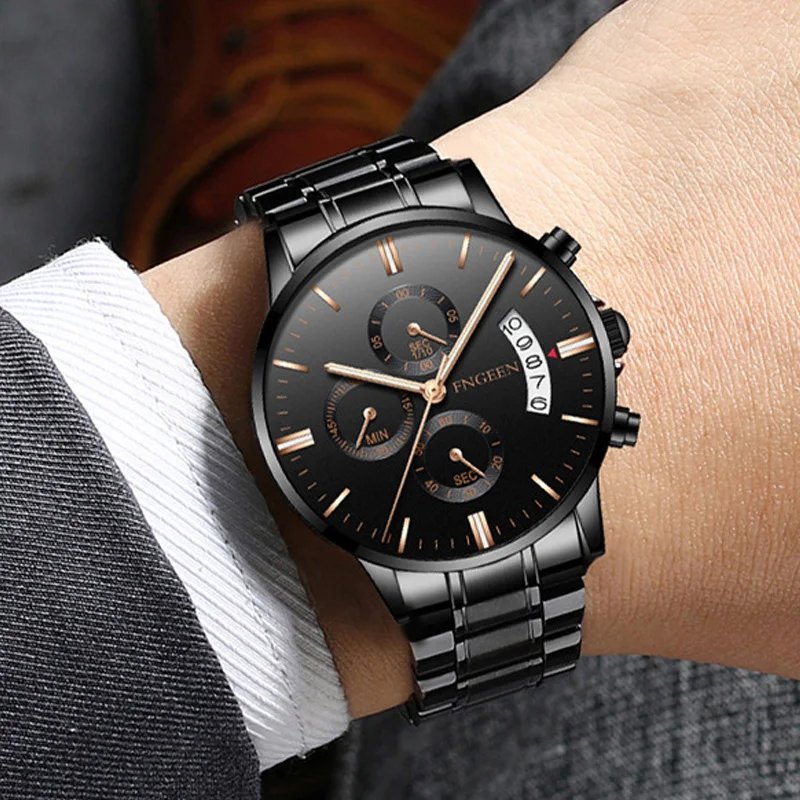 

Relogio Masculino FNGEEN Luxury Men Watch Black Stainless Steel Male Clock Quartz Wristwatches erkek kol saati 5055