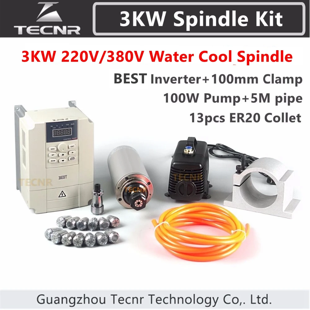 

3KW 100mm ER20 cnc spindle motor kit + 3KW 220V VFD +100MM clamp + 3.5m water pump /pipes + 13pcs ER20