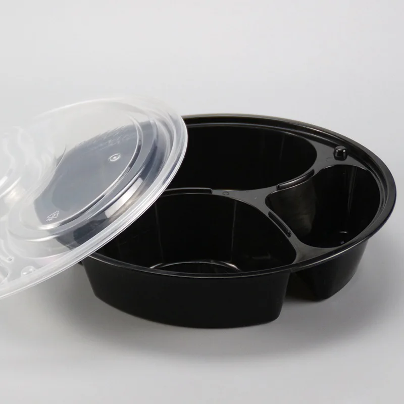 

300pcs/lot 1000ml Round Disposable Lunch Boxes with Lids Meal Prep Containers 3 Grid Bento Box Food Storage Case