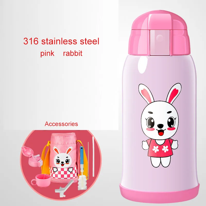 600 мл Термос, детская чашка, Мультяшные животные, двойные стенки, нержавеющая сталь, термосы, подарок для детей, школьная, уличная бутылка для воды - Цвет: Pink rabbit 316 SUS