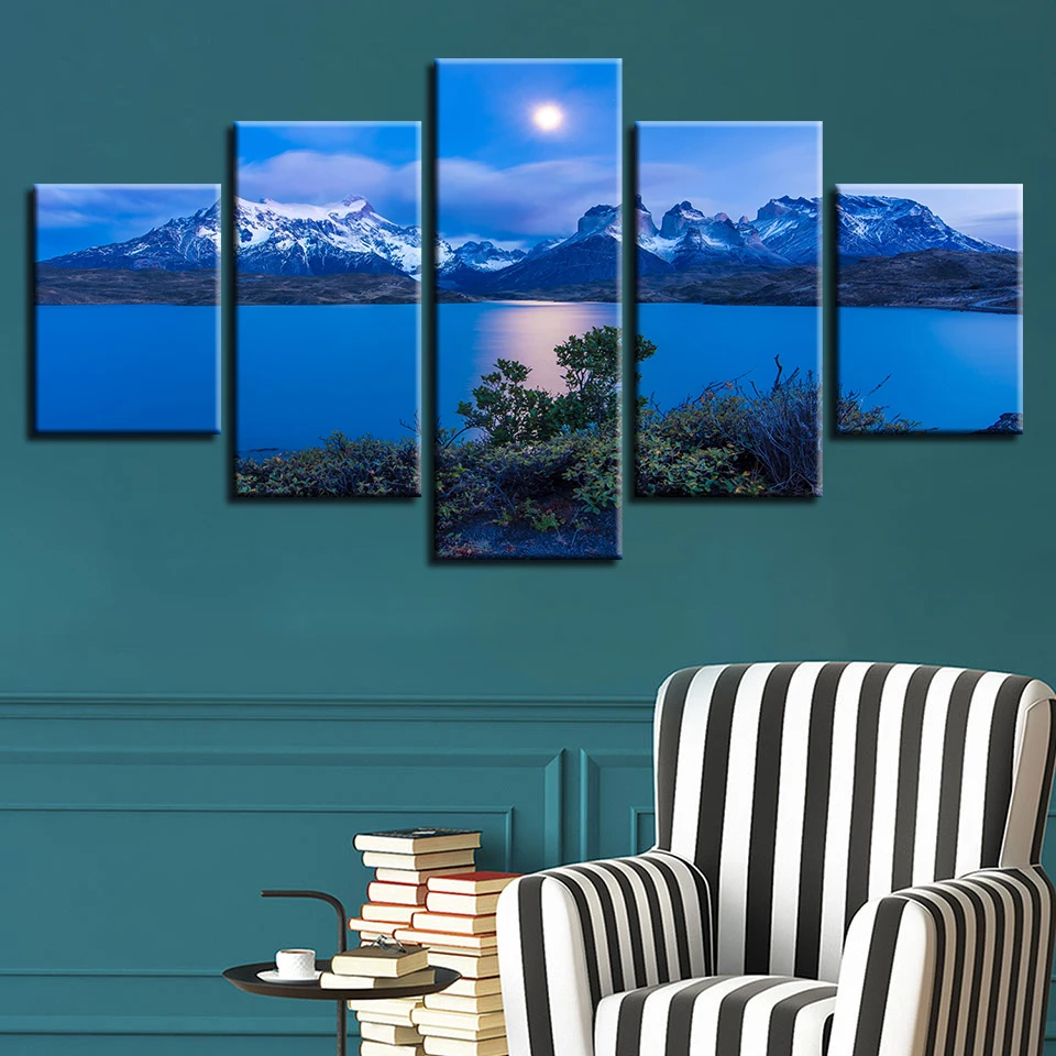 

Modular Canvas Paintings 5 Pieces HD Printed Snow Mountain Blue Sky White Cloud Lake Natural Scenery Picture Room Wall Art Decor