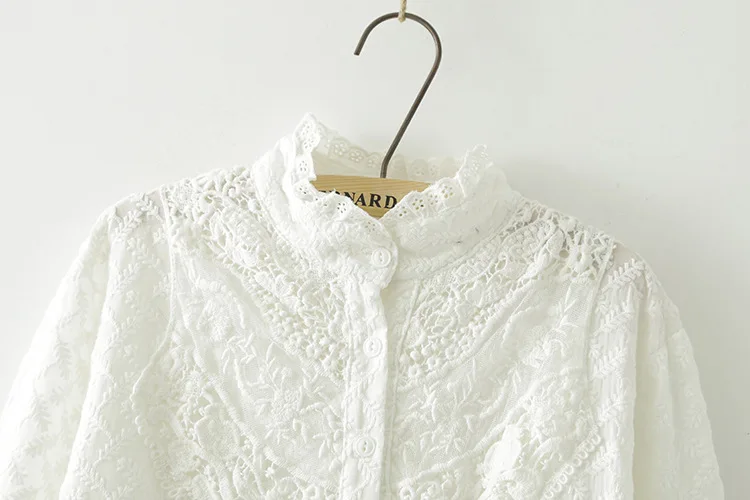 Кружевная белая рубашка со стоячим воротником с длинными рукавами и цветочной вышивкой Новая Осенняя Хлопковая женская длинная свободная блузка Mori Girl топы T77911