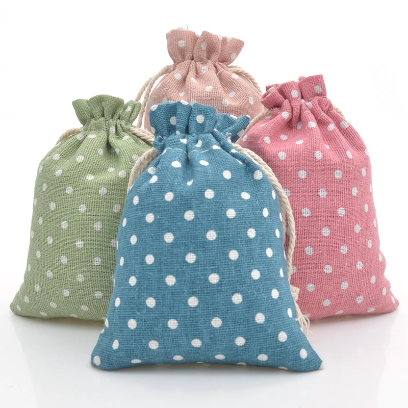 

50pcs Polka Dot Bag Cotton Linen Gift Candy Bag Jute Treat Drawstring Gift Bags for Wedding Party Favors Jewelry Packaging Bag