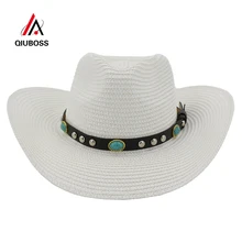 QIUBOSS летние женские мужские Бумажные Соломенные крючком ковбойские шляпы кожаные драгоценные камни декор большие полями Защита от солнца на пляже солнцезащитный козырек шляпа от солнца