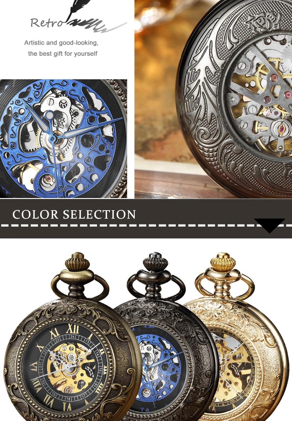 Retro Golden Hollow Skeleton Mechanical Pocket Watch