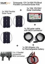 Solarparts 12V 3x18W DIY RVBoat Kits Solar System 18W flexible solar panel1x 10A solar controller 1 set 3M MC4 cable 1 set clip