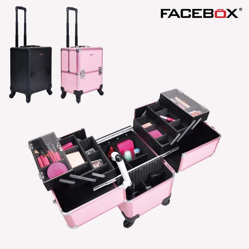 

Facebox Trolley Cosmetic Case professional makeup Box with wheels Pink and Black