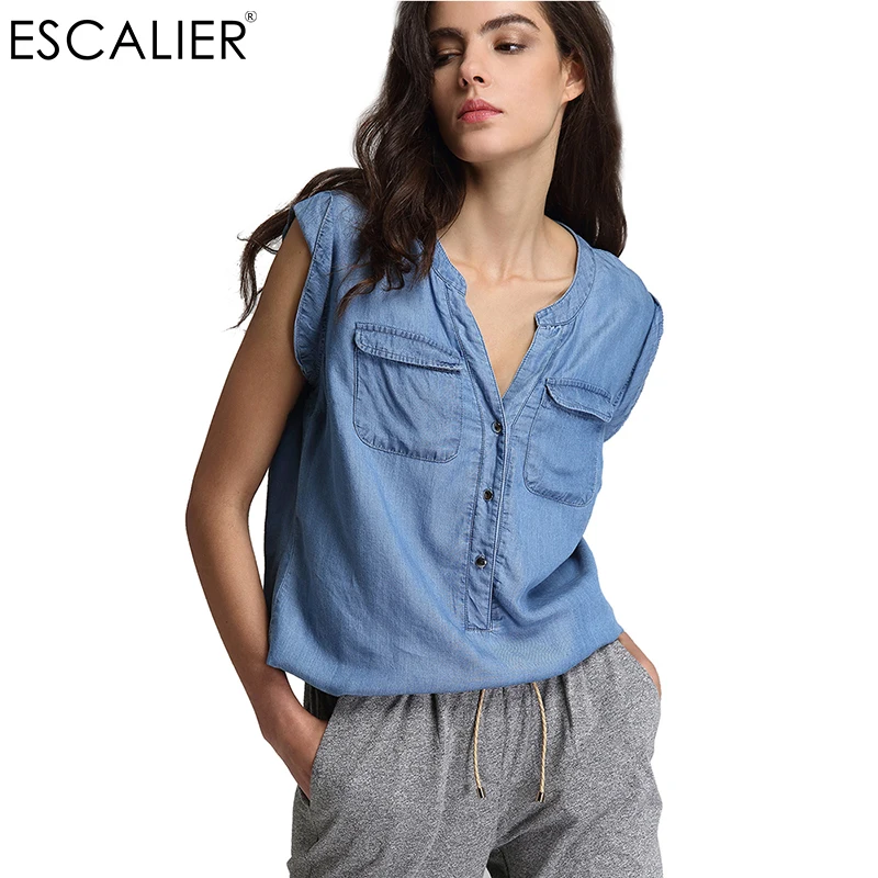 

Escalier European Style Chiffon shirt For Women Female 2017 Summer Broadcloth Blue Sleeveless V-Neck Loose Denim Solid Shirt