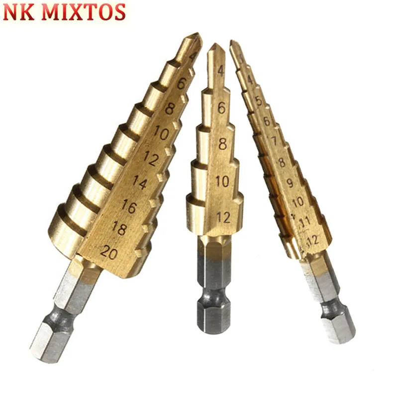 

3Pcs/Set Metric Spiral Flute Step HSS Steel Cone Titanium Coated Drill Bits Tool Set Hole Cutter 3-12/4-12/4-20mm